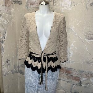 Ann Taylor Loft petites SP open knit cardigan sweater tan black zig zag career